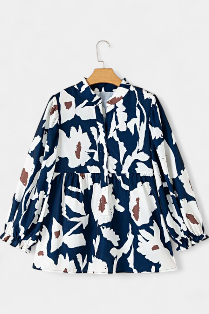 Halenka Filomena s půlřadým rozparkem a nafoukanými rukávy v abstraktním květinovém vzoru