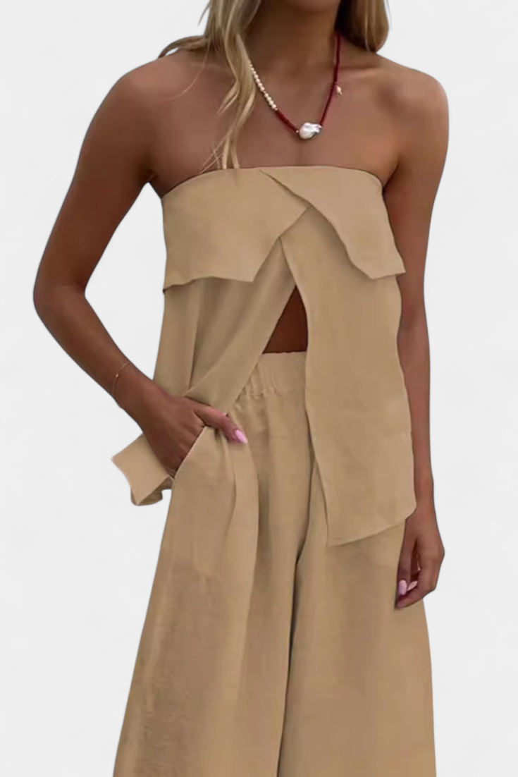 Souprava bez ramínek Oriana s rozparkovou sukní v jednobarevné barvě