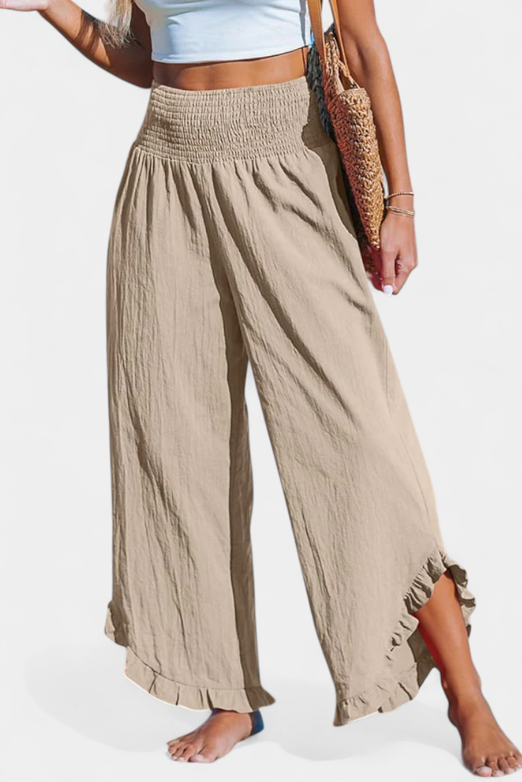 Kalhoty Justina s vysokým pasem a volánkem