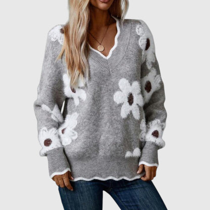 THEA - Elegantní V-svetr s květinami