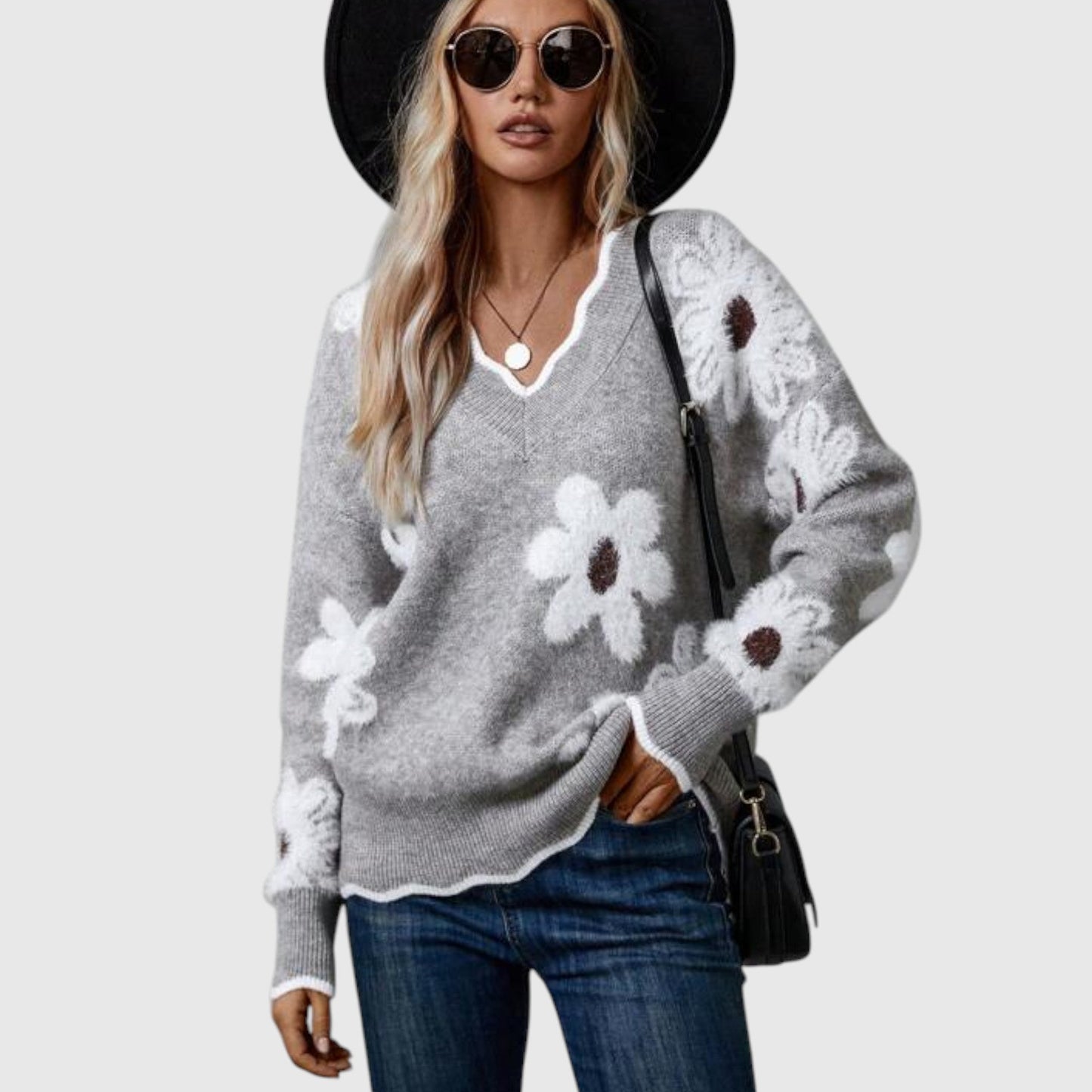 THEA - Elegantní V-svetr s květinami