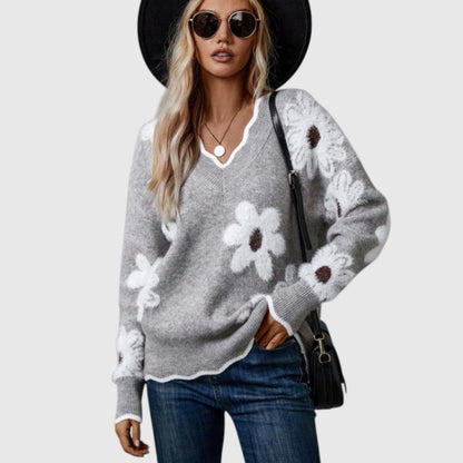 THEA - Elegantní V-svetr s květinami
