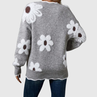 THEA - Elegantní V-svetr s květinami