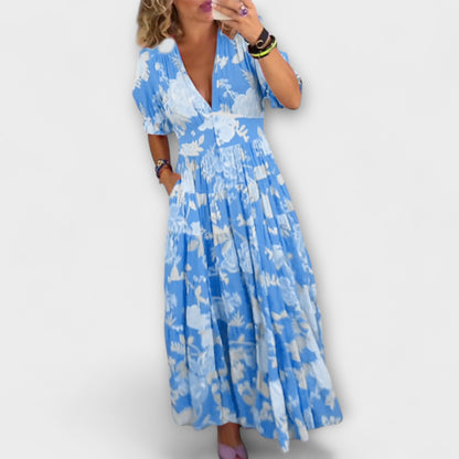 Catrisa - Kvetinový vzor V-krk šaty s kapsami