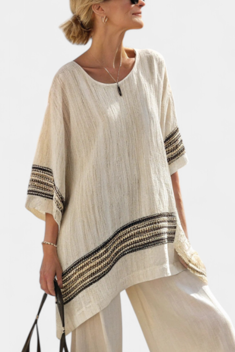 Souprava Středomoří Daisy z bambusového lnu s elegantními červenými a zelenými pruhy