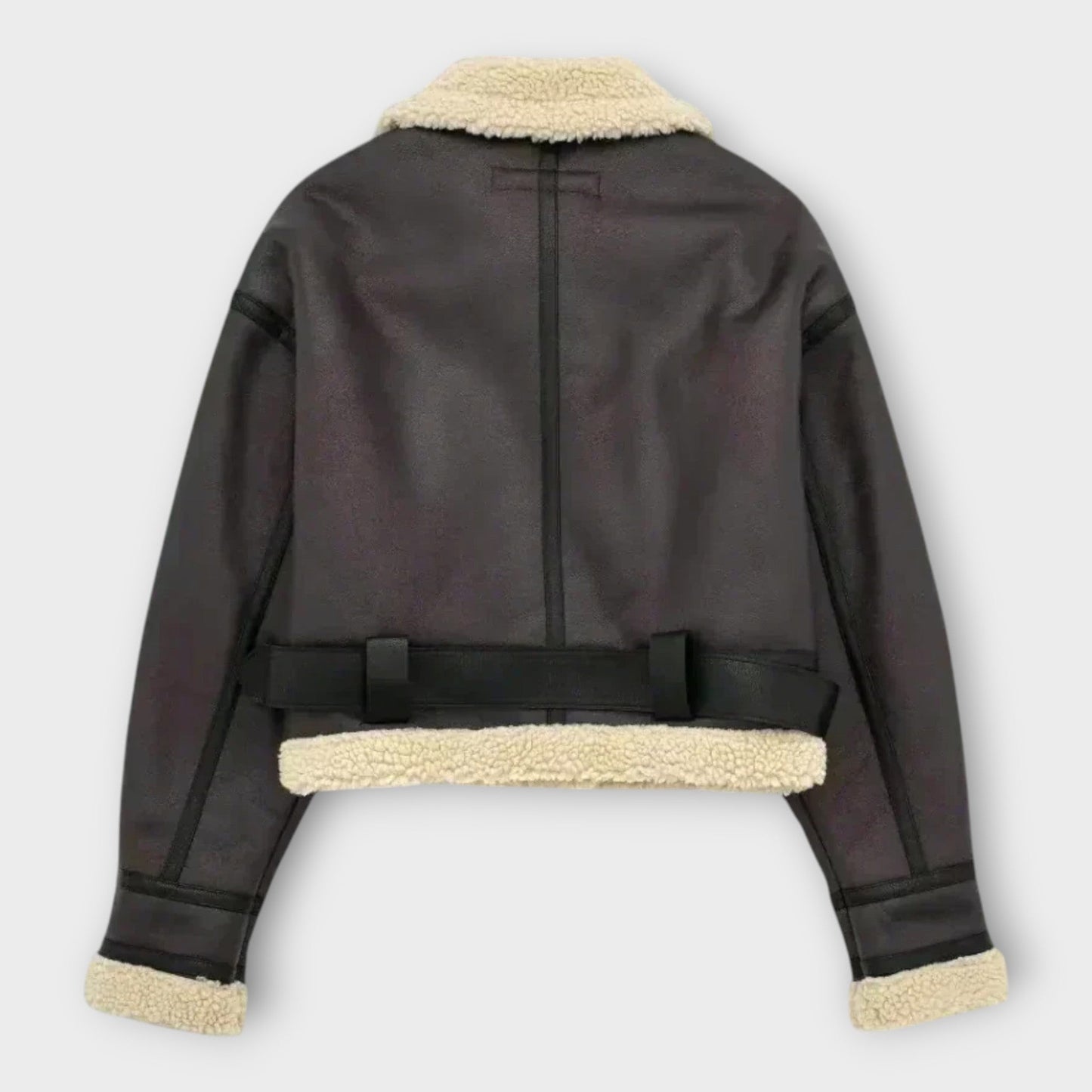 Kožená Krátká Bunda s Kožešinou a Páskem