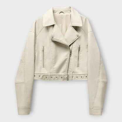 Moderní Krátká Kožená Bunda s Páskem a Vytříbenou Estetikou