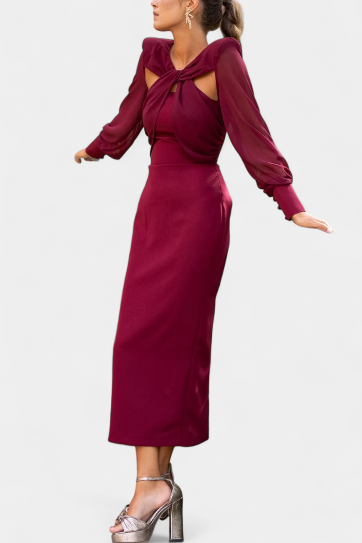 Julissa Vestido Midi Burdeos con Detalle Anudado y Espalda Abierta