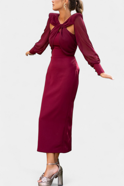 Julissa Vestido Midi Burdeos con Detalle Anudado y Espalda Abierta